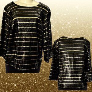 Jessica London 16/XL Black Sequin Gold Striped Round Neckline 3/4 Sleeve Blouse